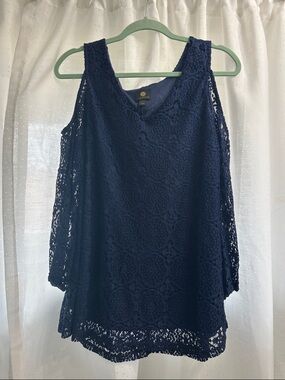 JM Collection Navy Crochet Cold-Shoulder Tunic